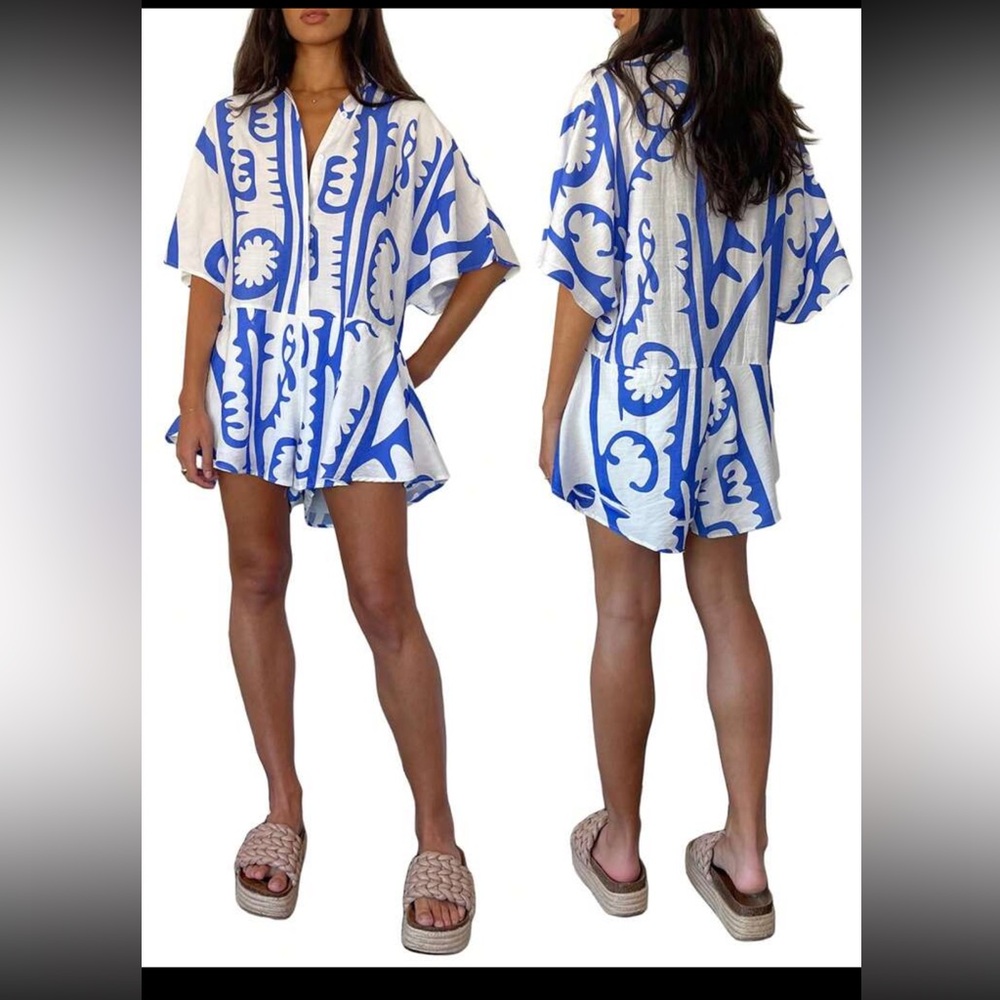 Boho jumpsuit half-sleeve lapel button up - blue and white size L